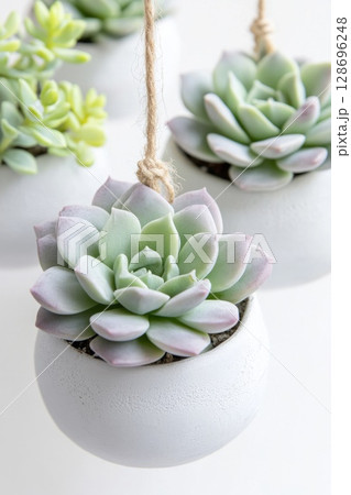 Soft-focus cluster of white pots with lush green succulents, creating tranquil, airy botanical accents for interiors. 128696248
