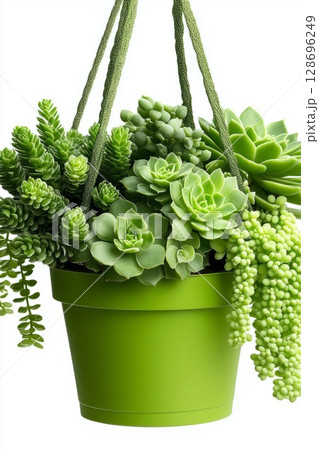 Bright green succulent arranged in a vivid modern planter, offering energetic living decor for stylish homes or offices. 128696249