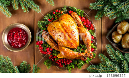 クリスマス　収穫感謝祭の七面鳥の丸焼き　ローストターキー 128696325