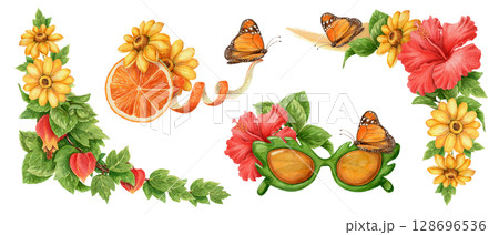 Summer design set of monarch butterfly and flower. Hand drawn watercolor fruit and sunglasses artwork for tropical holiday theme decoration. Bright vivid and cheerful seasonal card or print template. Summer design set of monarch butterfly and flower. Hand drawn watercolor fruit and sunglasses artwork for tropical holiday theme decoration. Bright vivid and cheerful seasonal card or print template. 128696536