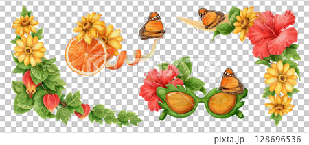 Summer design set of monarch butterfly and flower. Hand drawn watercolor fruit and sunglasses artwork for tropical holiday theme decoration. Bright vivid and cheerful seasonal card or print template. Summer design set of monarch butterfly and flower. Hand drawn watercolor fruit and sunglasses artwork for tropical holiday theme decoration. Bright vivid and cheerful seasonal card or print template. 128696536