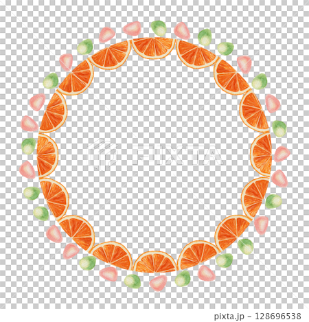 Watercolor round wreath with sea glass and orange slice. Hand drawn circle frame with tropical summer fruit and beach elements. Perfect for holiday card template or ocean inspired design use. Watercolor round wreath with sea glass and orange slice. Hand drawn circle frame with tropical summer fruit and beach elements. Perfect for holiday card template or ocean inspired design use. 128696538