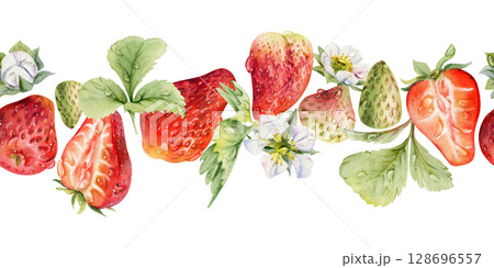 Strawberry ripe garden berries, flowers in water dew drops. Seamless isolated banner garland hand drawn in watercolor. Home preserves, textile washi tape, food store decor, recipe book, dessert menu Strawberry ripe garden berries, flowers in water dew drops. Seamless isolated banner garland hand drawn in watercolor. Home preserves, textile washi tape, food store decor, recipe book, dessert menu 128696557