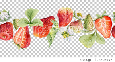 Strawberry ripe garden berries, flowers in water dew drops. Seamless isolated banner garland hand drawn in watercolor. Home preserves, textile washi tape, food store decor, recipe book, dessert menu 128696557