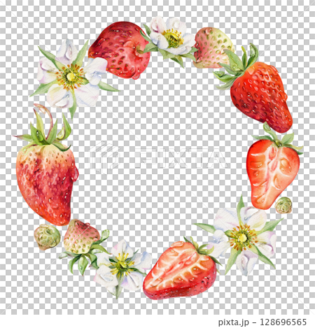 Strawberry berries full and cut in half, flowers leaves wreath, water splash, dew drops. Ripe garden pineberry strasberry. Isolated hand drawn watercolor circle frame. Food grocery menu, preserves Strawberry berries full and cut in half, flowers leaves wreath, water splash, dew drops. Ripe garden pineberry strasberry. Isolated hand drawn watercolor circle frame. Food grocery menu, preserves 128696565
