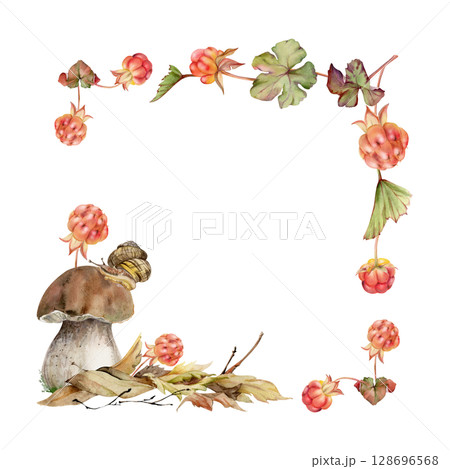 Bolete cep mushroom with snail on top of fallen autumn leaves pile, cloudberry berries twigs. Square corner frame hand drawn in watercolor. Fungus forest harvest. Calendar elements, cards labels tags 128696568