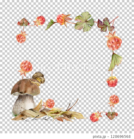 Bolete cep mushroom with snail on top of fallen autumn leaves pile, cloudberry berries twigs. Square corner frame hand drawn in watercolor. Fungus forest harvest. Calendar elements, cards labels tags 128696568