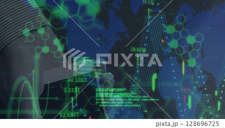 Tapping business professional analyzing tablet in data lab, with digital overlay elements Tapping business professional analyzing tablet in data lab, with digital overlay elements 128696725