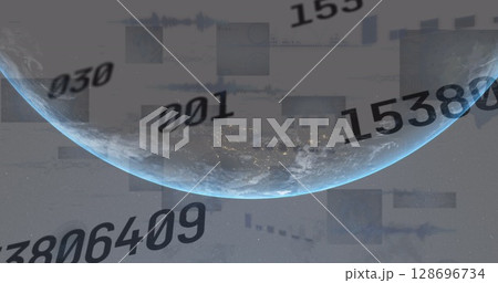 Image of statistics and data processing with numbers over globe 128696734