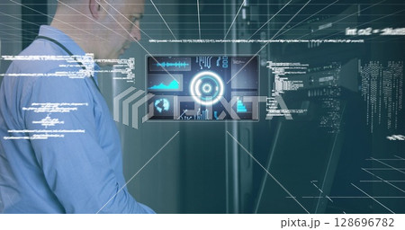 Image of scope scanning and data processing over caucasian it man fixing computer server 128696782