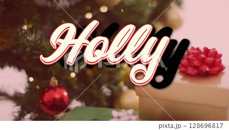 Image of holly text over christmas presents 128696817