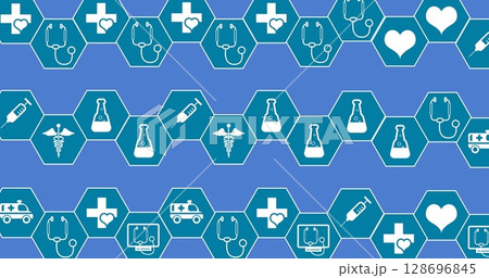 Image of medical icons over blue background Image of medical icons over blue background 128696845