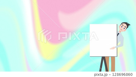 Image of moving shapes over businessman talking icon 128696860