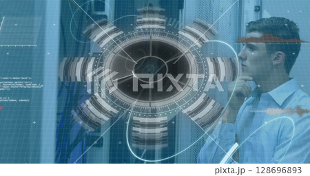 Image of 5g text, scopes scanning and data processing over male it engineer and servers 128696893