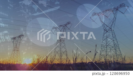 Image of statistics and data processing over electricity pylon and landscape 128696950