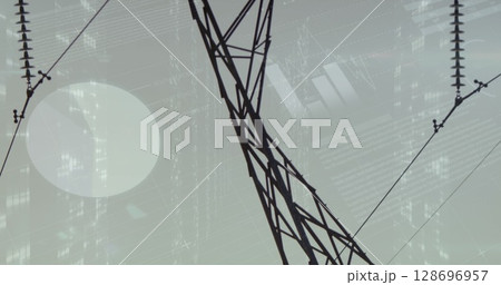 Image of statistics and data processing over electricity pylon and landscape Image of statistics and data processing over electricity pylon and landscape 128696957