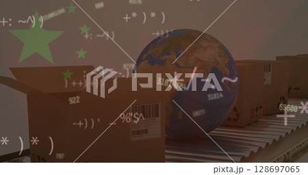 Image of changing numbers over globe and packages Image of changing numbers over globe and packages 128697065