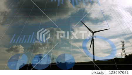 Image of graphs and data processing over wind turbine 128697081