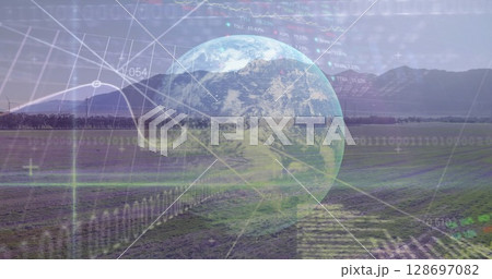 Image of graphs, globe and data processing over wind turbine Image of graphs, globe and data processing over wind turbine 128697082