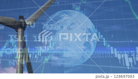 Image of graphs, globe and data processing over wind turbine Image of graphs, globe and data processing over wind turbine 128697083