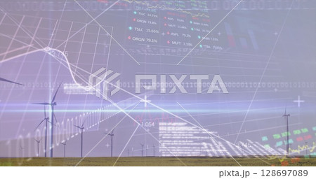 Image of graphs and data processing over wind turbine 128697089