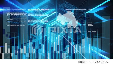 Image of graphs and data over tunnel made of moving neon lights 128697091