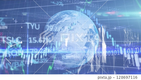 Image of data processing, globe and lights on navy background Image of data processing, globe and lights on navy background 128697116