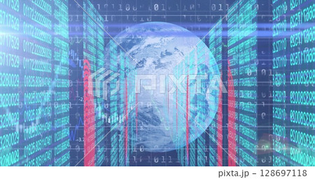 Image of data processing, globe and lights on navy background 128697118