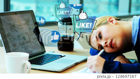 Image of online digital icons over businesswoman using laptop 128697167