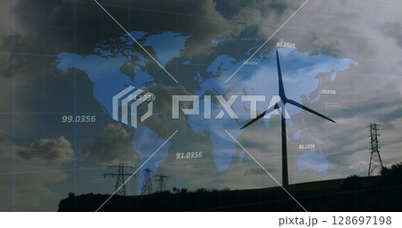 Image of american flag and globe over wind turbine and sky with clouds 128697198