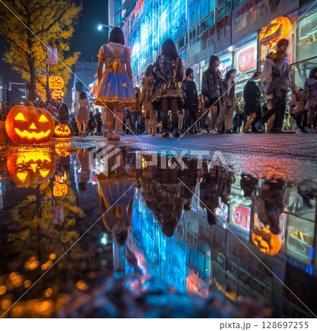 渋谷の夜を彩る光と仮装の幻想ハロウィンストリート 128697255