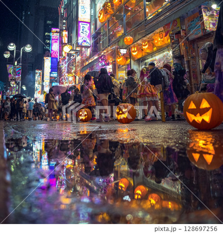ネオンとカボチャが輝く渋谷の幻想ハロウィンナイト 128697256