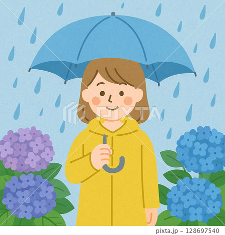 梅雨の季節に傘をさす女の子と紫陽花の風景 128697540
