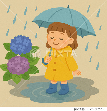 雨の日に紫陽花と傘をさす女の子のイラスト 雨の日に紫陽花と傘をさす女の子のイラスト 128697542