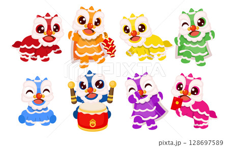 Cute lion dance Chinese new year character in various pose 128697589