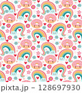 Cute Kawaii background with sweet dessert Donuts, rainbow, flowers. 128697930