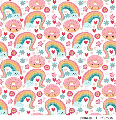 Cute Kawaii background with sweet dessert Donuts, rainbow, flowers. 128697930
