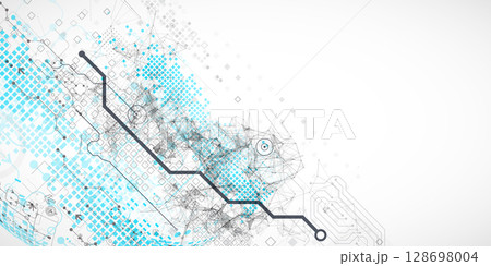 Abstract technology concept. Used blue squares, tech lines and plexus effect. Vector illustration. 128698004