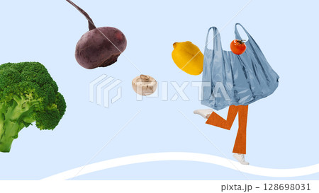 Contemporary collage of walking plastic grocery bag with flying vegetables symbolizing everyday expenses. Mockup for ads, text 128698031