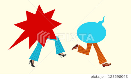 Digital artwork of red star and blue speech bubble characters walking in heels and shoes symbolizing emotional reaction. Mock up for ads, text Digital artwork of red star and blue speech bubble characters walking in heels and shoes symbolizing emotional reaction. Mock up for ads, text 128698048