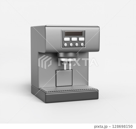 Coffee machine cartoon 3d render icon. Silver automatic espresso cappuccino coffee maker. Kitchen appliance for home, office or cafe. Barista equipment isolated on white background. 3D illustration 128698150