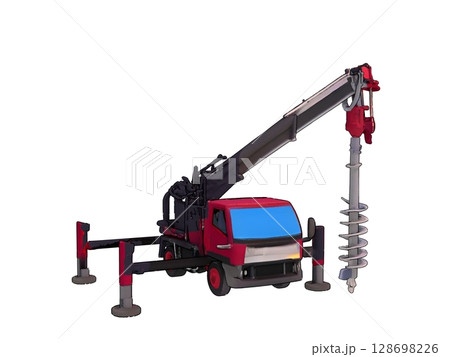 建設土木工事現場で使われる建機の電柱や電気設備工事用での高所作業車である穴掘建柱車 128698226