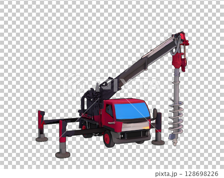 建設土木工事現場で使われる建機の電柱や電気設備工事用での高所作業車である穴掘建柱車 128698226
