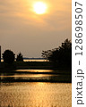田植えをしたばかりの田に沈む夕日　茨城県の霞ケ浦の風景 128698507