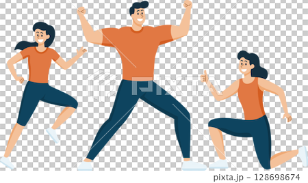 Happy People Exercise, Healthy Lifestyle, Flat Design Cartoon 128698674
