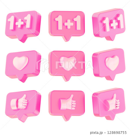Social Media Icon Buy One Get One, Heart, and Thumbs Up pink iridescent 3D graphic cartoon style 128698755