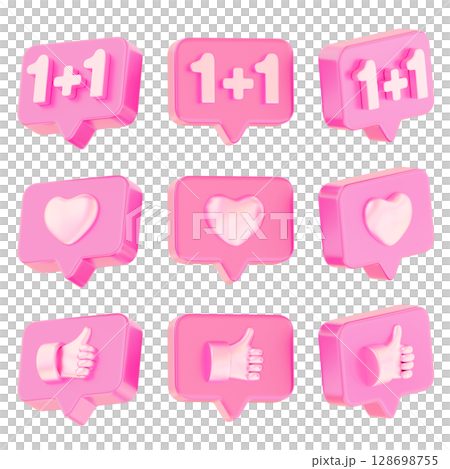 Social Media Icon Buy One Get One, Heart, and Thumbs Up pink iridescent 3D graphic cartoon style 128698755
