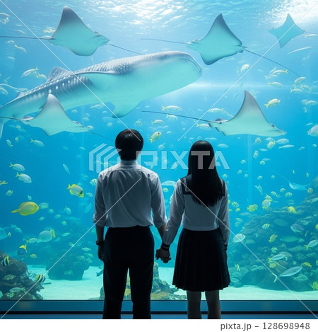 後ろ姿のカップル 大水槽でジンベイザメとマンタが泳ぐ水族館、夏休みの感動体験 中学生 高校生 後ろ姿のカップル 大水槽でジンベイザメとマンタが泳ぐ水族館、夏休みの感動体験 中学生 高校生 128698948