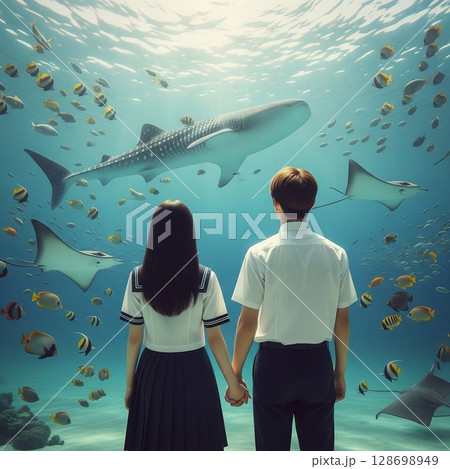 後ろ姿のカップル 大水槽でジンベイザメとマンタが泳ぐ水族館、夏休みの感動体験 中学生 高校生 後ろ姿のカップル 大水槽でジンベイザメとマンタが泳ぐ水族館、夏休みの感動体験 中学生 高校生 128698949