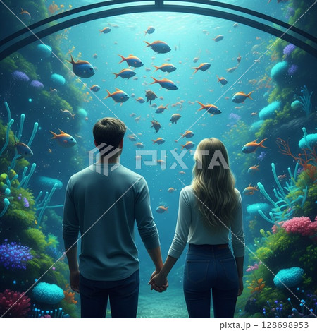 後ろ姿のカップル 大水槽でジンベイザメとマンタが泳ぐ水族館、夏休みの感動体験 高校生 大学生 128698953